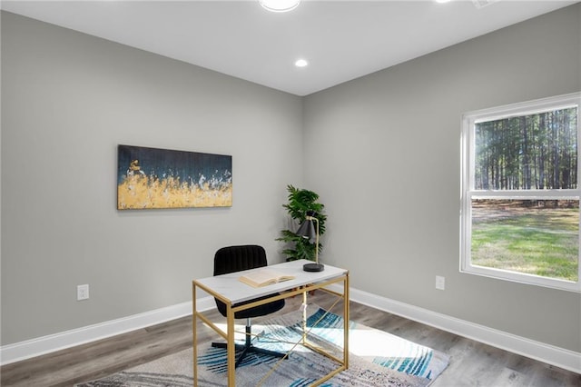 office area featuring recessed lighting, baseboards, and wood finished floors