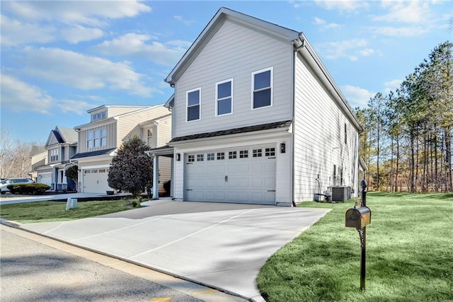 view of front of home featuring concrete driveway, central AC, an attached garage, and a front yard