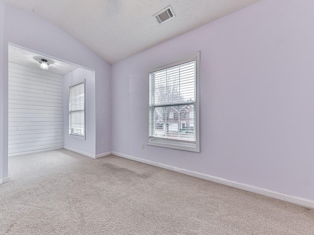 carpeted empty room featuring lofted ceiling and a textured ceiling