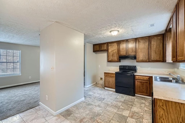 kitchen with baseboards, black range with electric stovetop, light countertops, under cabinet range hood, and a sink