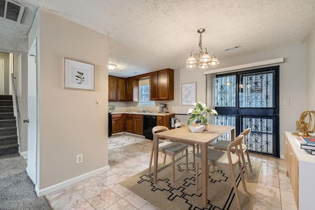 dining area featuring baseboards, visible vents, stairway, a textured ceiling, and a notable chandelier