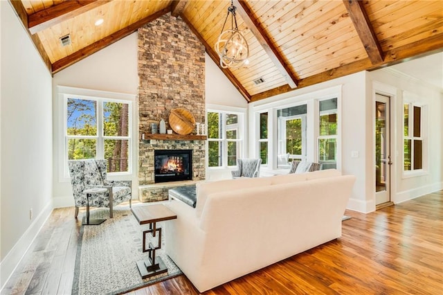 living room with hardwood / wood-style flooring, high vaulted ceiling, a stone fireplace, wooden ceiling, and beamed ceiling