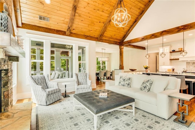 living room with wood ceiling, a notable chandelier, a fireplace, beamed ceiling, and light wood-type flooring