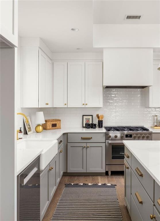 kitchen featuring sink, premium range hood, gray cabinetry, high end stove, and decorative backsplash