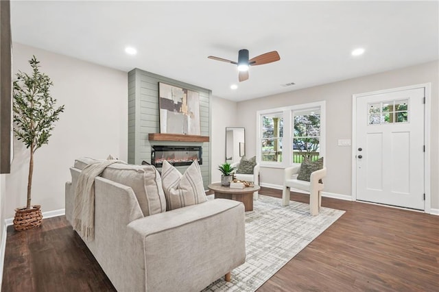 1675 White Oak Way, Decatur, GA 30032 - living room with dark wood-type flooring, a glass covered fireplace, a ceiling fan, and recessed lighting