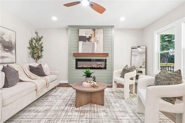 1675 White Oak Way, Decatur, GA 30032 - living room featuring ceiling fan, a fireplace, wood finished floors, and recessed lighting