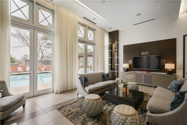 tiled living room with french doors