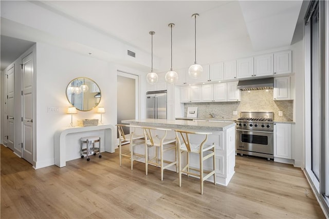 kitchen with a center island, ventilation hood, high quality appliances, decorative backsplash, and white cabinets