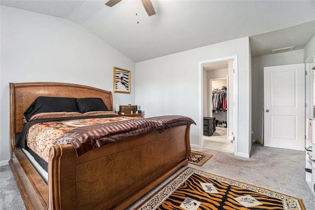 bedroom with baseboards, a ceiling fan, carpet flooring, and vaulted ceiling