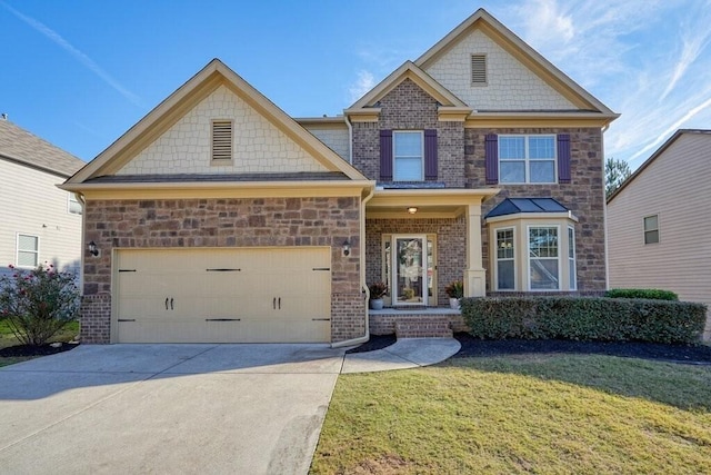 craftsman-style home with a front lawn and a garage