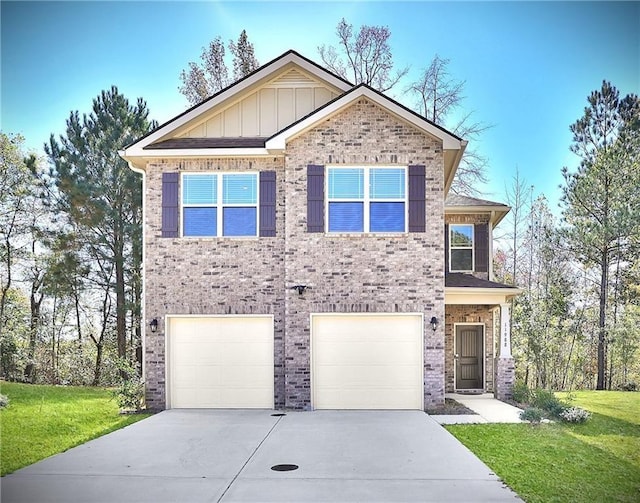 craftsman inspired home with a garage and a front yard