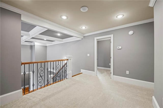 hall featuring an upstairs landing, recessed lighting, crown molding, baseboards, and beamed ceiling