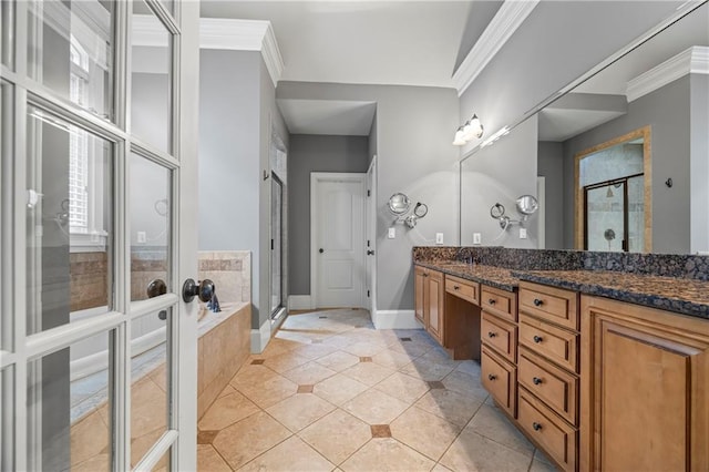 bathroom featuring a stall shower, tile patterned flooring, french doors, baseboards, and crown molding