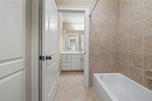 full bathroom featuring tile patterned flooring, vanity, crown molding, and  shower combination
