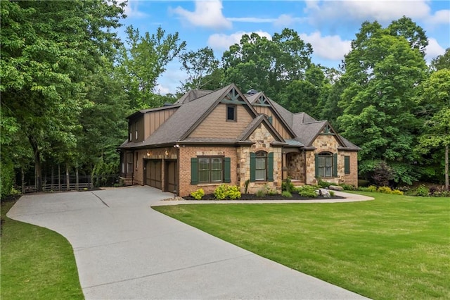 craftsman-style home with concrete driveway, stone siding, a garage, and board and batten siding