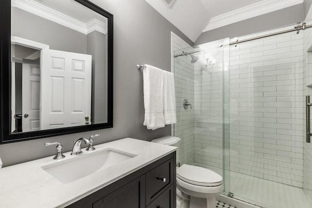 bathroom with crown molding, vanity, toilet, and an enclosed shower