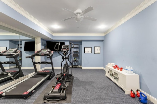 workout room with ornamental molding and ceiling fan