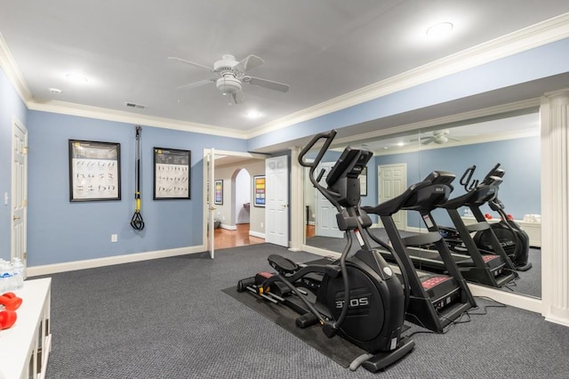 workout area with ornamental molding and ceiling fan