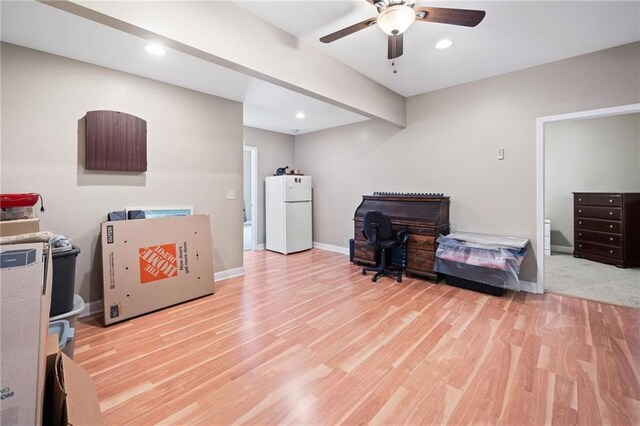 home office with ceiling fan, recessed lighting, wood finished floors, and baseboards