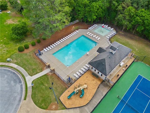 aerial view of a pool area