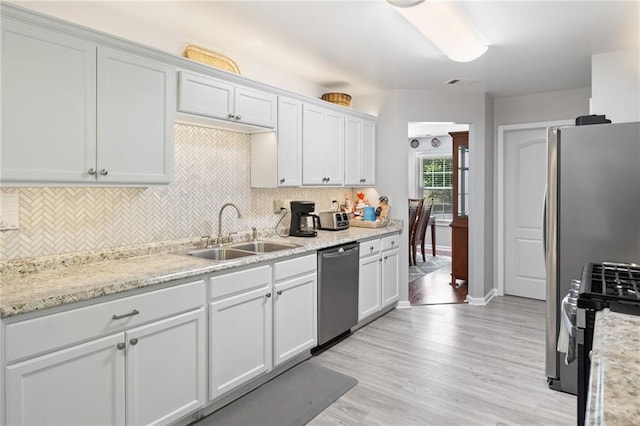 kitchen with stainless steel appliances, a sink, tasteful backsplash, white cabinetry, and light wood-type flooring