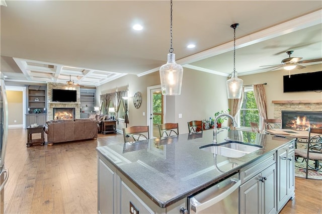 8240 Hurakan Creek Xing, Cumming, GA 30028 - kitchen featuring a stone fireplace, open floor plan, a sink, stainless steel dishwasher, and crown molding
