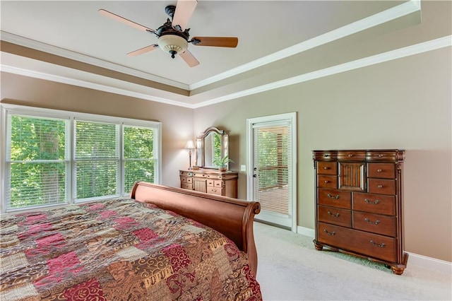 8240 Hurakan Creek Xing, Cumming, GA 30028 - bedroom with a tray ceiling, light carpet, access to outside, crown molding, and baseboards