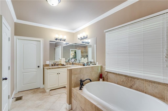 8240 Hurakan Creek Xing, Cumming, GA 30028 - bathroom featuring a bath, vanity, and ornamental molding
