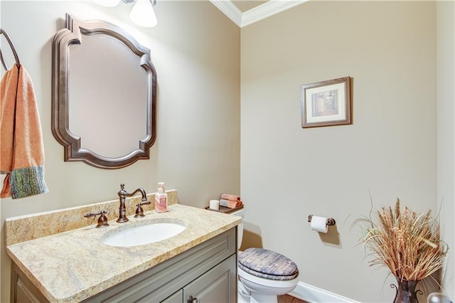 8240 Hurakan Creek Xing, Cumming, GA 30028 - half bathroom featuring ornamental molding, vanity, and toilet