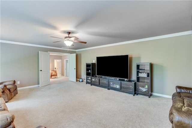 8240 Hurakan Creek Xing, Cumming, GA 30028 - living room with baseboards, ornamental molding, carpet, and ceiling fan