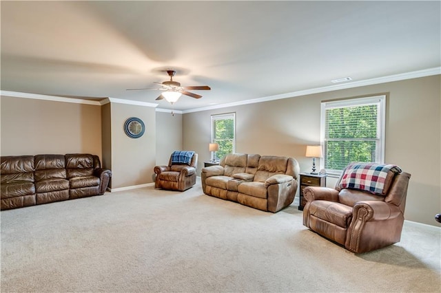 8240 Hurakan Creek Xing, Cumming, GA 30028 - carpeted living area featuring crown molding, a ceiling fan, and baseboards