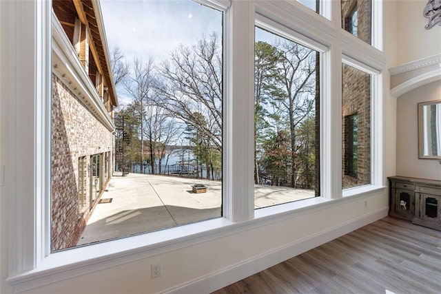 doorway featuring baseboards and wood finished floors