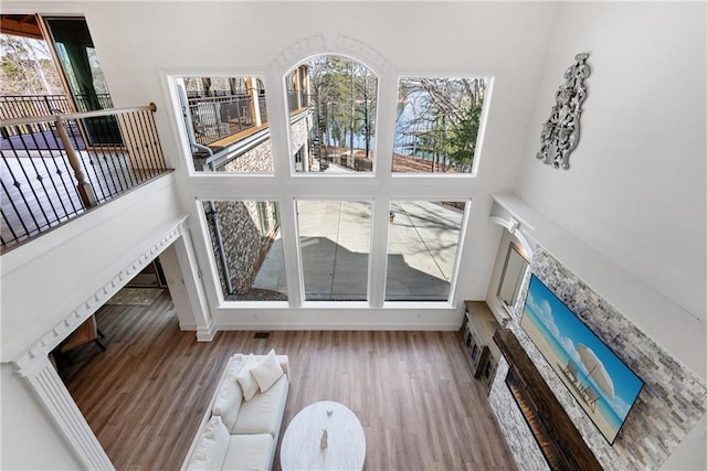 living area featuring a towering ceiling, a premium fireplace, baseboards, and wood finished floors