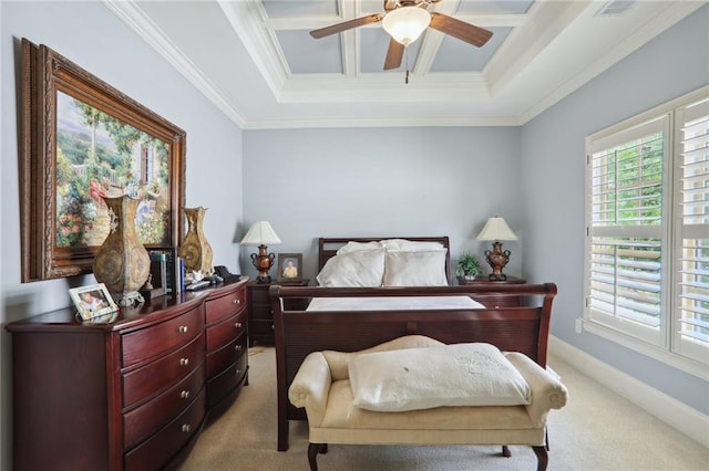 bedroom with ornamental molding, ceiling fan, and light colored carpet