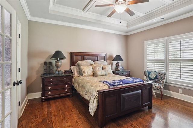 bedroom with ceiling fan, crown molding, and dark hardwood / wood-style flooring