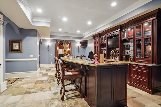 bar featuring a raised ceiling and crown molding