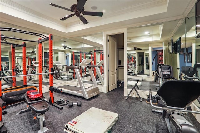 workout area with ornamental molding, a tray ceiling, and ceiling fan