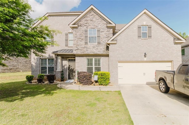 3241 Alhambra Cir, Hampton, GA 30228 - traditional-style home with a standing seam roof, driveway, a garage, brick siding, and a front lawn