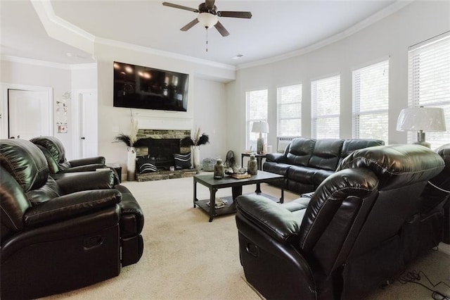 3241 Alhambra Cir, Hampton, GA 30228 - living room with ceiling fan, light carpet, a healthy amount of sunlight, and ornamental molding