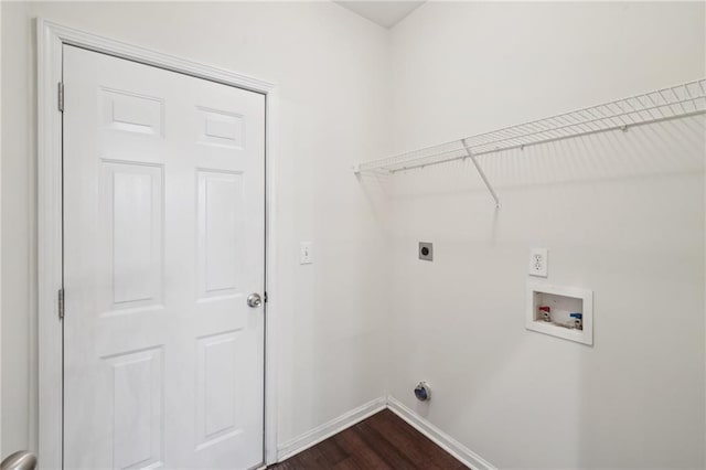 washroom featuring laundry area, electric dryer hookup, baseboards, dark wood-style floors, and hookup for a washing machine