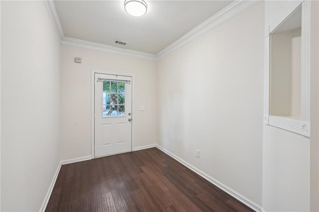 doorway to outside featuring crown molding, baseboards, visible vents, and dark wood-style floors