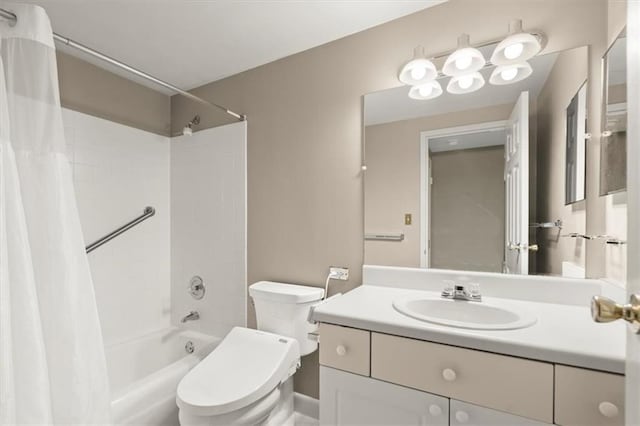 full bathroom featuring toilet, vanity, and shower / bathtub combination with curtain