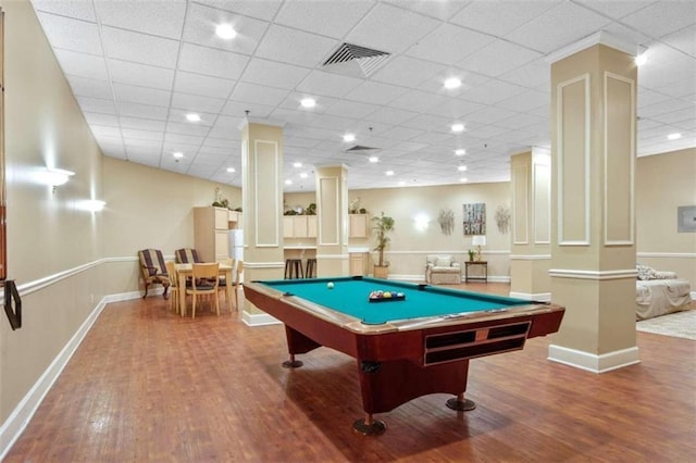 game room featuring decorative columns, visible vents, wood finished floors, billiards, and baseboards