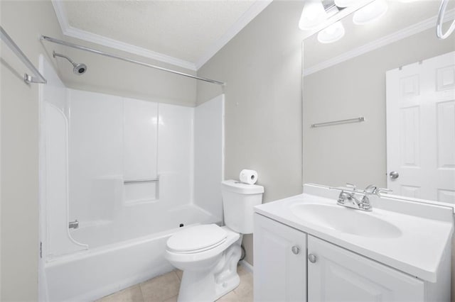 bathroom with crown molding, toilet, vanity, tub / shower combination, and tile patterned floors