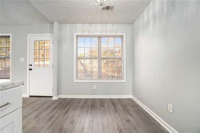 unfurnished dining area featuring hardwood / wood-style flooring and a textured ceiling