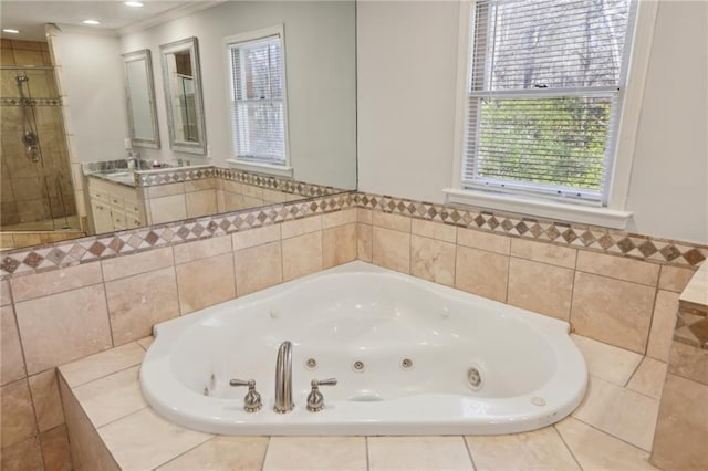 bathroom featuring a healthy amount of sunlight, a stall shower, a tub with jets, and vanity