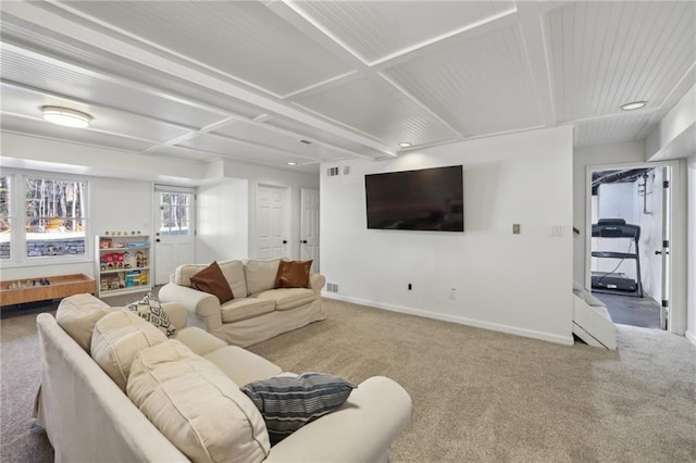 carpeted living room with visible vents, baseboards, and recessed lighting