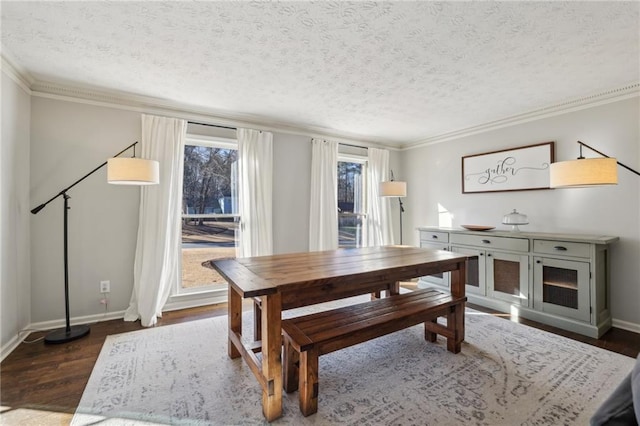 dining space featuring a healthy amount of sunlight, crown molding, and dark wood-type flooring