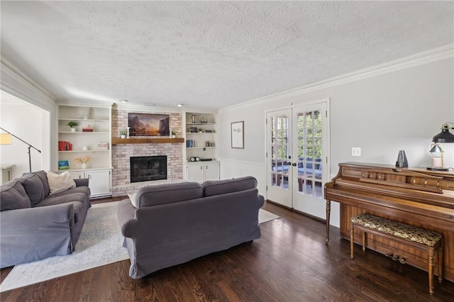 living area with dark wood-style floors, a textured ceiling, and french doors