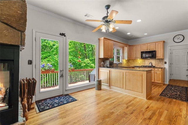 144 Canacaught Pl, Jasper, GA 30143 - kitchen featuring black microwave, light brown cabinetry, a sink, ornamental molding, and light wood finished floors